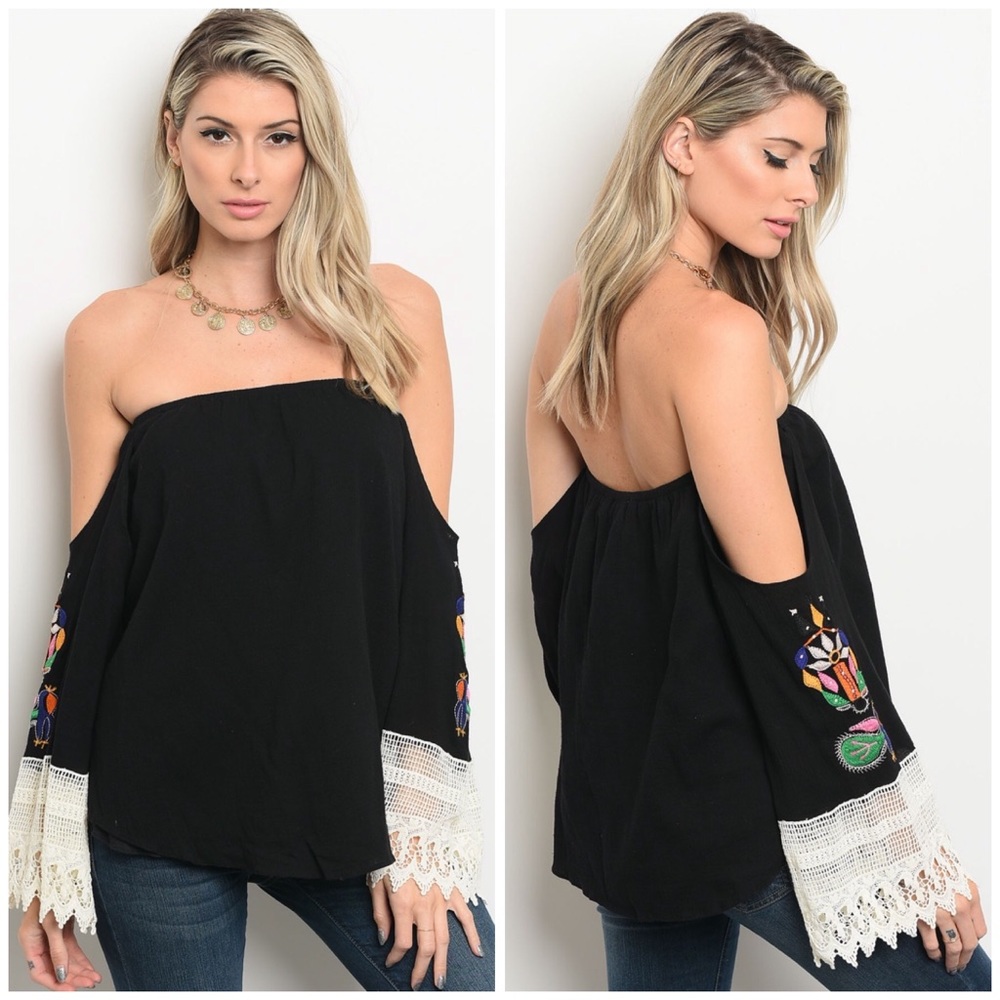LAST Black Embroidered Off Shoulder Top - Picture 1 of 3
